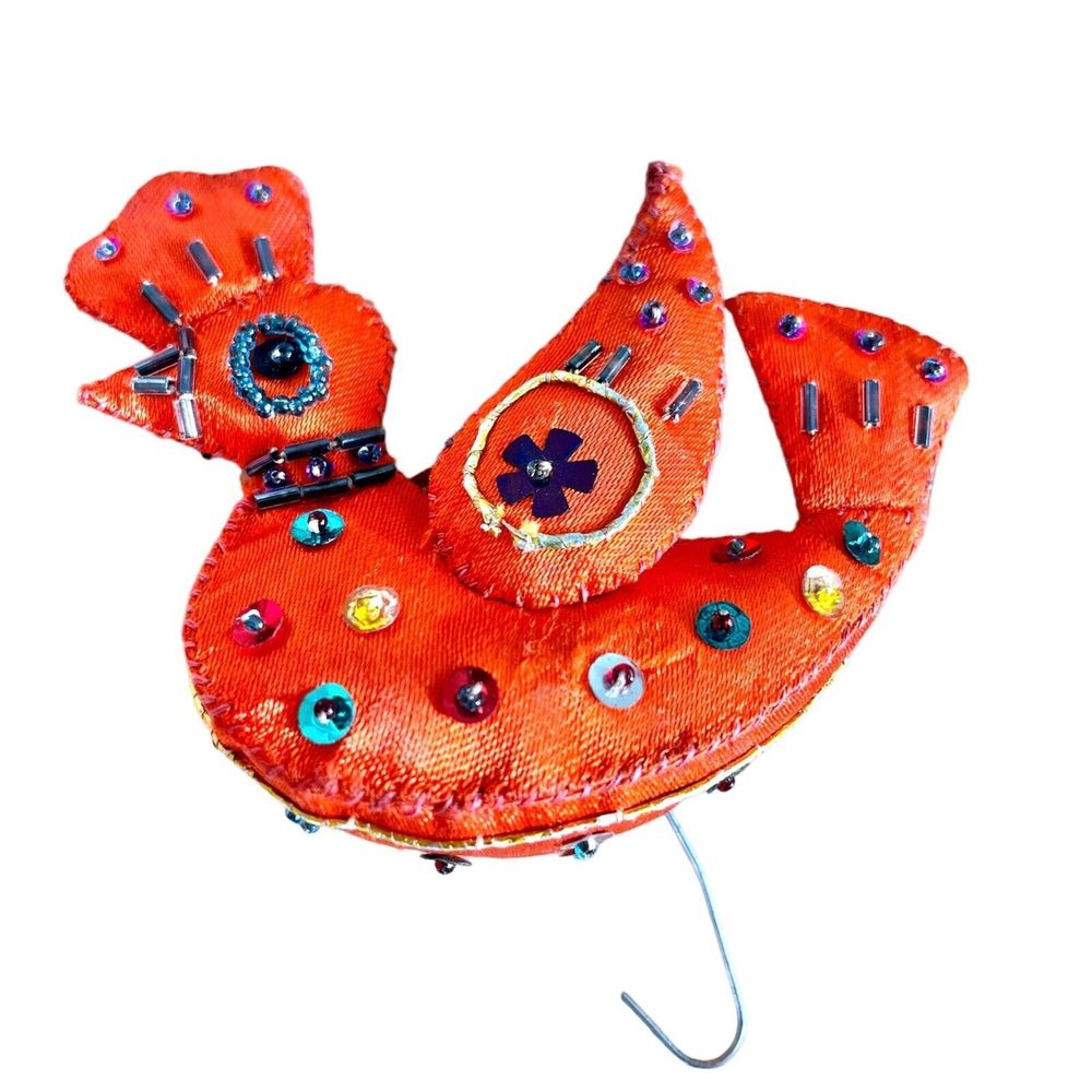 Partridge Christmas Ornament Sequined Satin Fabric Vintage Handmade